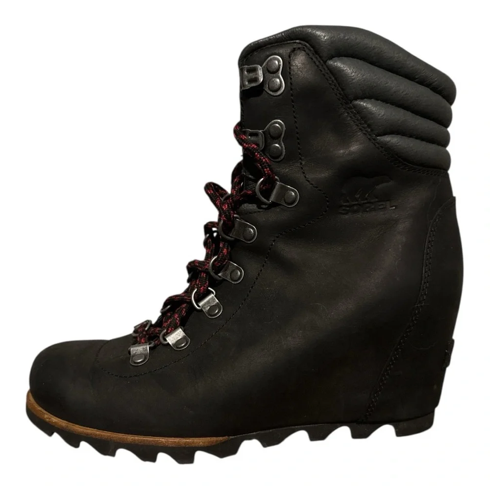 Sorel Black Lace Up Wedge Boots with Weatherproof Design - Picture 1 of 10